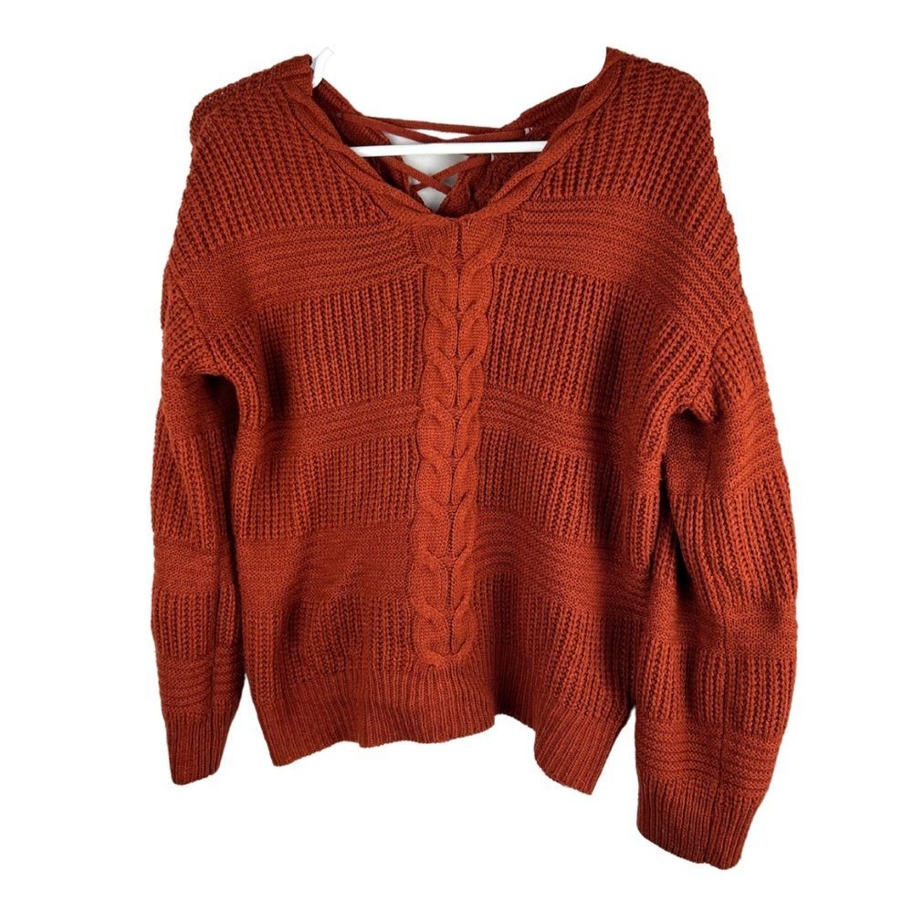 Juniors lg rust color neutral sweater lace up back cable knit fall holidays